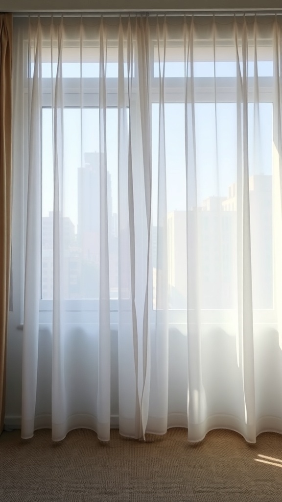 Sheer curtains covering a window, allowing light to filter through while exposing the interior.