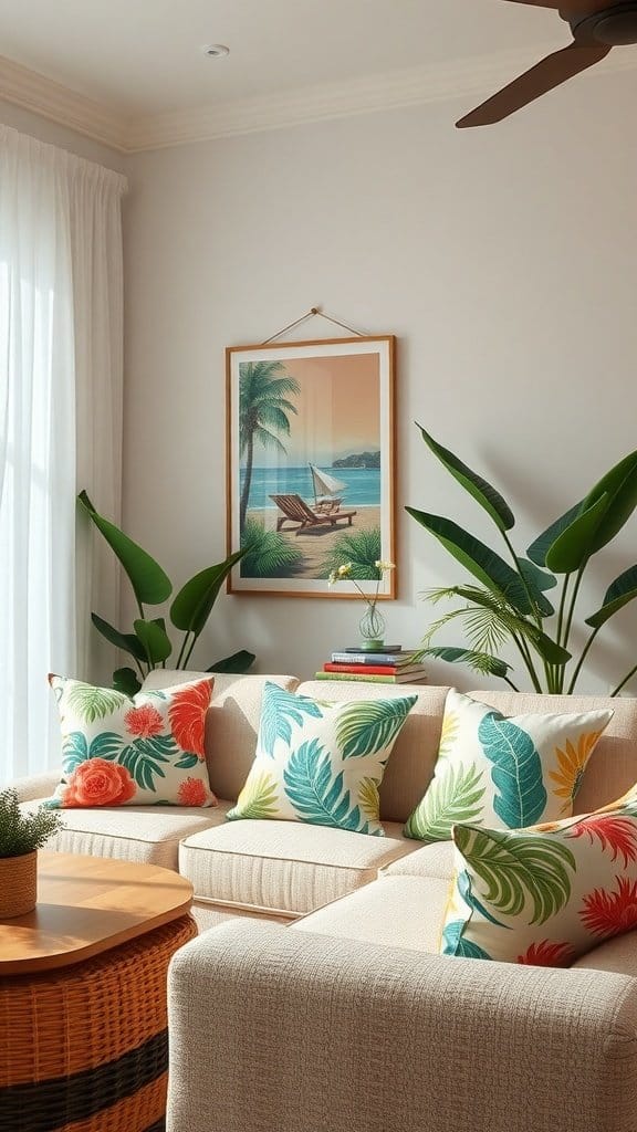 A cozy living room featuring tropical print pillows and a beach scene artwork.