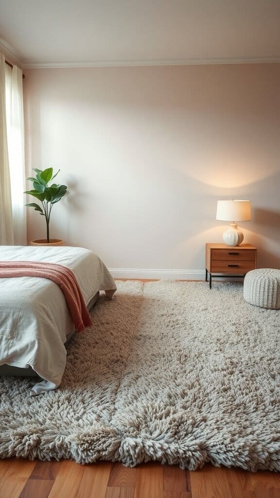 Cozy bedroom with a large soft rug, a bed, and a nightstand.