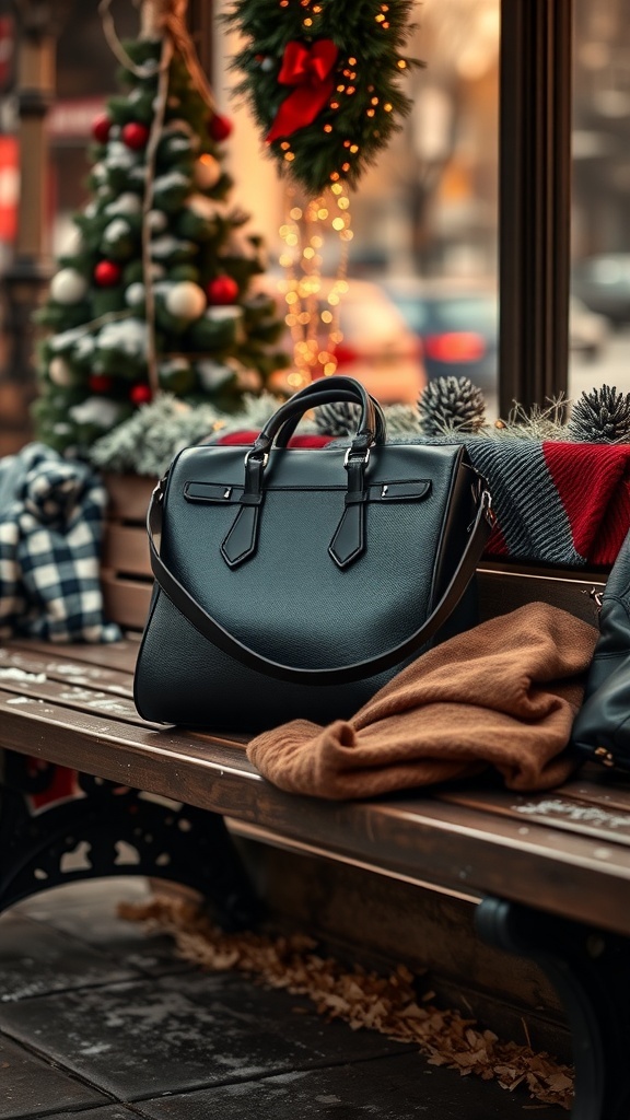 A stylish black handbag on a bench with winter decorations in the background.