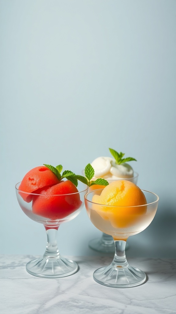 A trio of colorful sorbets in elegant glasses, featuring red, orange, and white flavors, garnished with mint leaves.