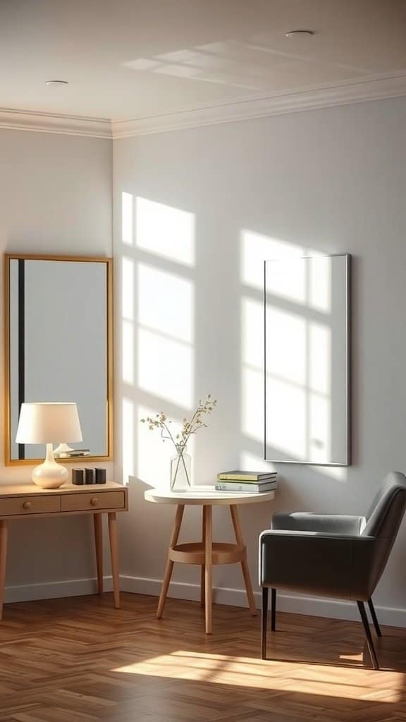A cozy room featuring a stylish mirror, a lamp, and a small table with books.