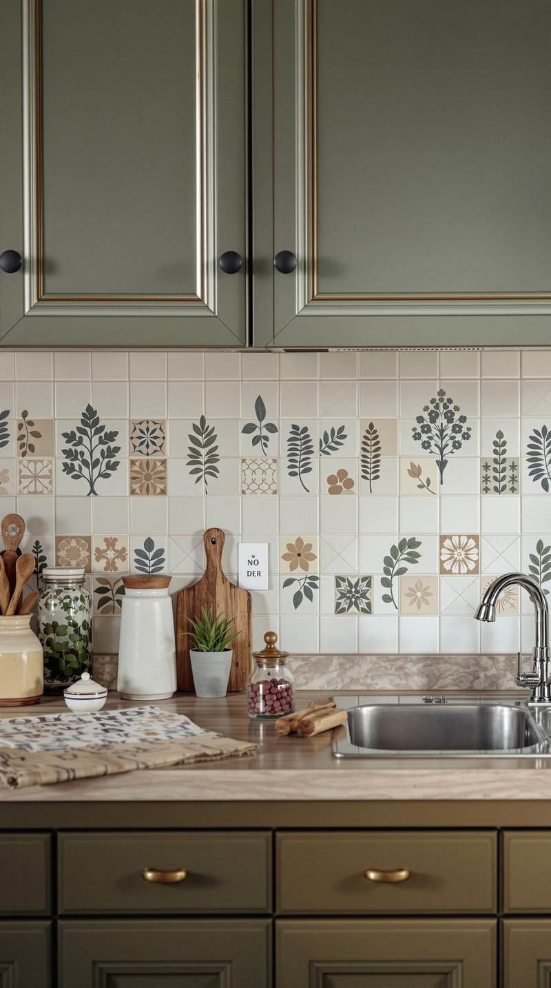 A kitchen featuring outdated tile patterns with floral and geometric designs.