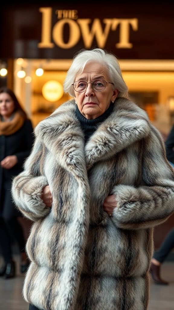 A woman in a faux fur coat standing outside a store, looking serious.
