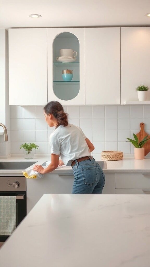 A woman cleaning a modern kitchen countertop with easy-clean surfaces.