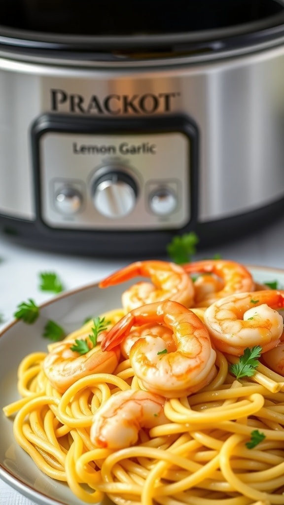 A plate of lemon garlic butter shrimp served over pasta with a crockpot in the background.