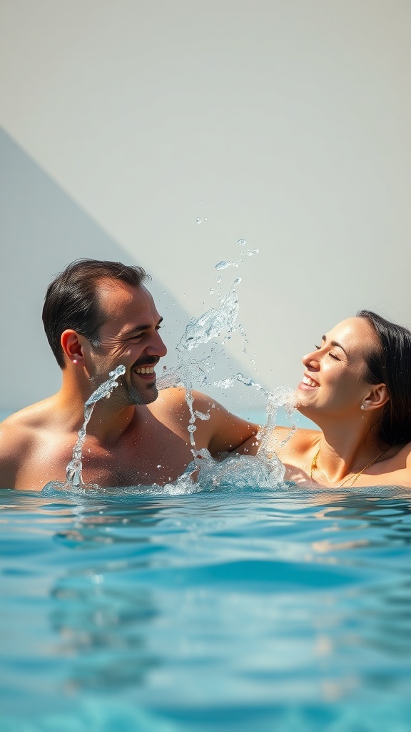 A couple enjoying playful moments in a pool, splashing water and smiling at each other.