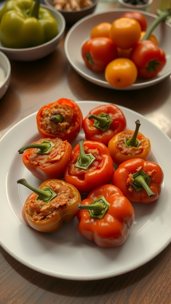 A plate of stuffed peppers filled with a mixture of rice and meat, some topped with cheese.