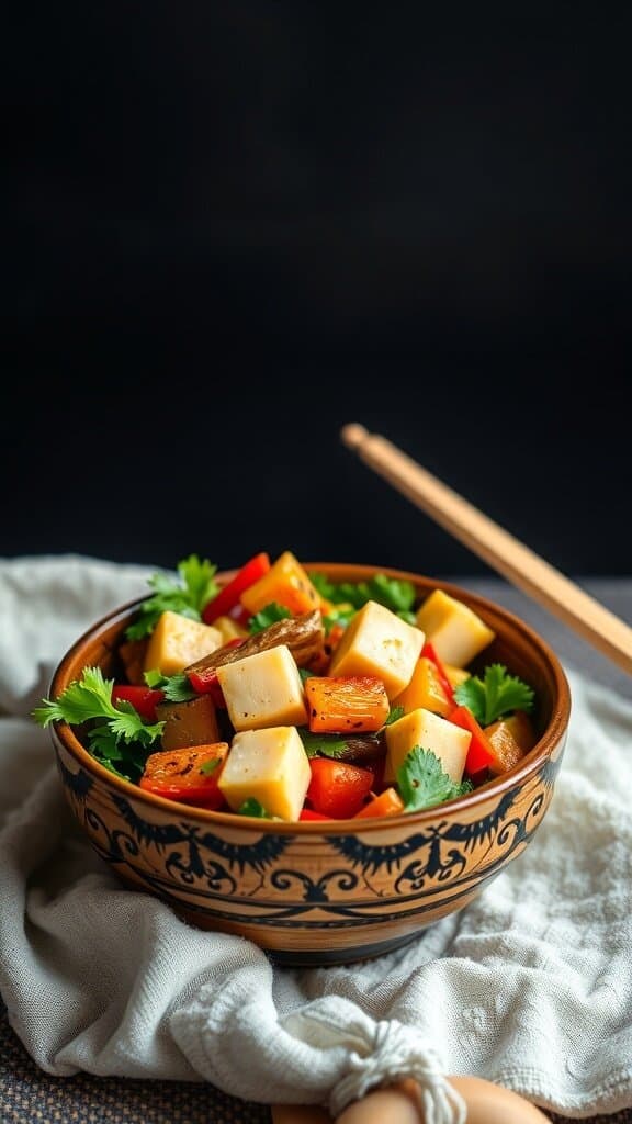 A bowl of vegetable stir-fry with tofu, featuring colorful bell peppers and fresh herbs.