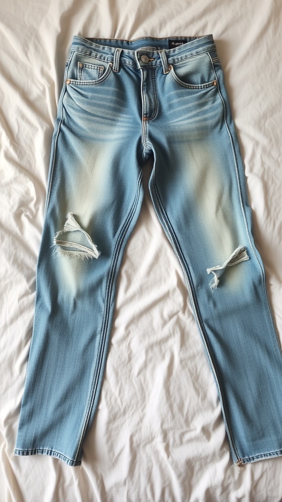 A pair of worn-out light blue denim jeans with rips and fading.