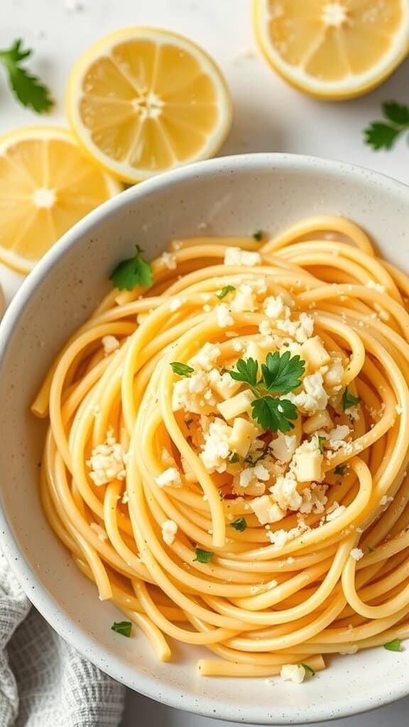 A bowl of lemon garlic pasta topped with parsley and cheese, with lemon slices in the background.