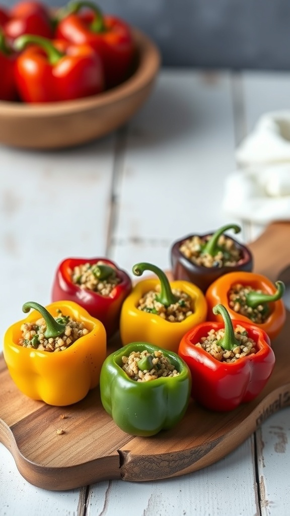 Colorful stuffed mini peppers filled with quinoa on a wooden board.