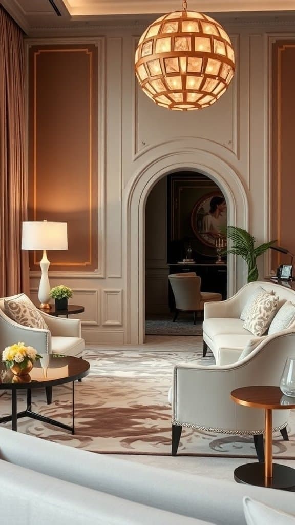 Elegant living room with stylish furniture and a beautiful light fixture.