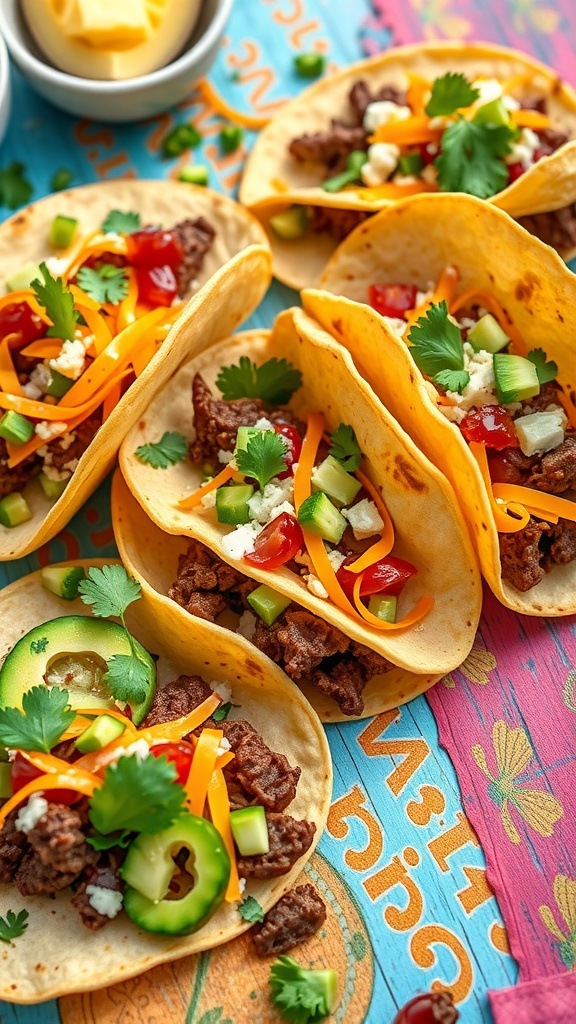Colorful beef tacos with fresh toppings on a vibrant background.