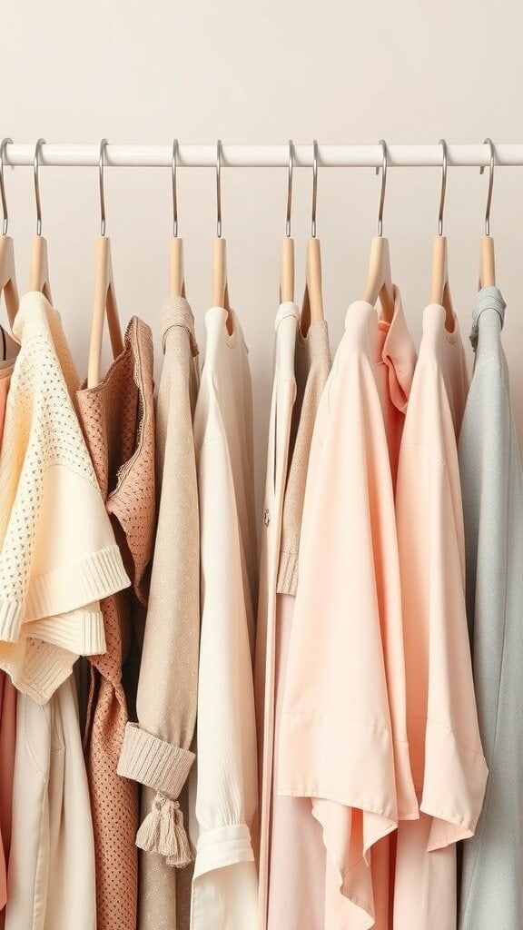 A collection of pale pastel clothing items hanging on a rack.