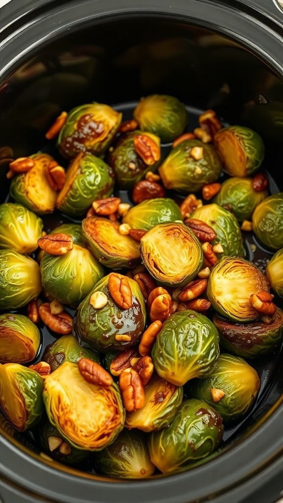 Crockpot Balsamic Glazed Brussels Sprouts with pecans