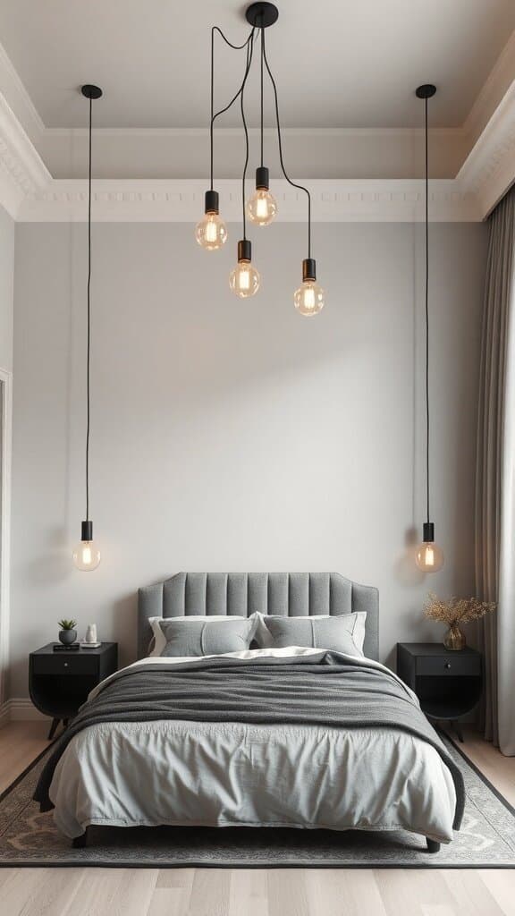 A modern bedroom featuring statement lighting above the bed with hanging bulbs.
