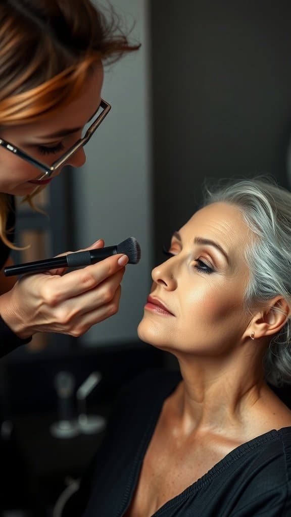 A woman receiving makeup application, showcasing the importance of makeup techniques for mature skin.
