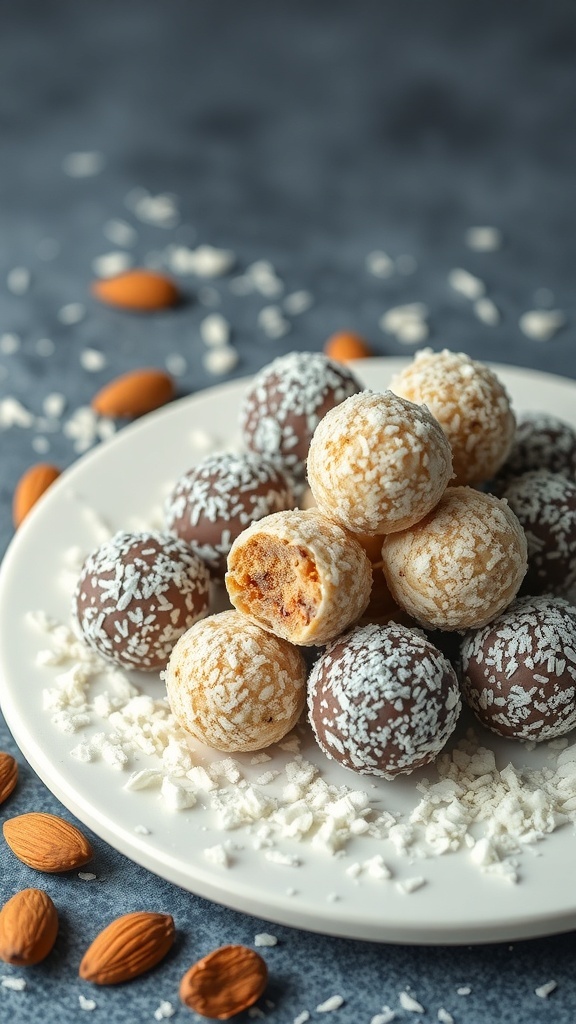 A plate of Almond Joy Energy Balls, some coated in chocolate and others in shredded coconut, surrounded by almonds.