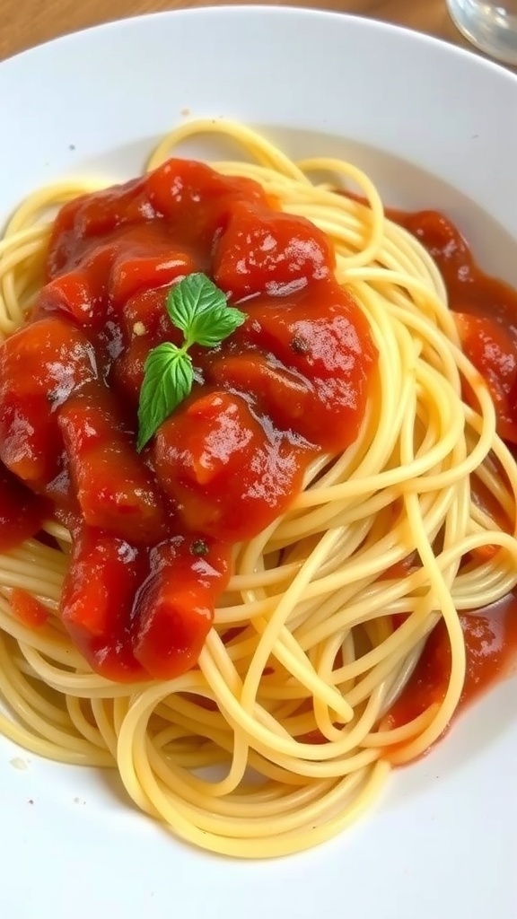 A plate of overcooked spaghetti topped with plain tomato sauce and a sprig of basil.