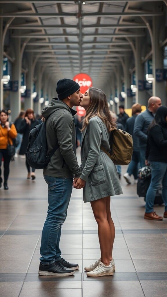 A couple sharing a kiss in a busy public space, showcasing their affection.