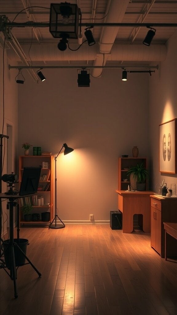 A well-lit room showcasing layered lighting with ceiling spotlights, a standing lamp, and soft wall lighting.
