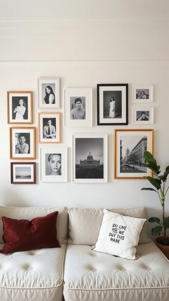 A cozy living room featuring a gallery wall with a mix of framed black-and-white photos and a decorative cushion on the sofa.