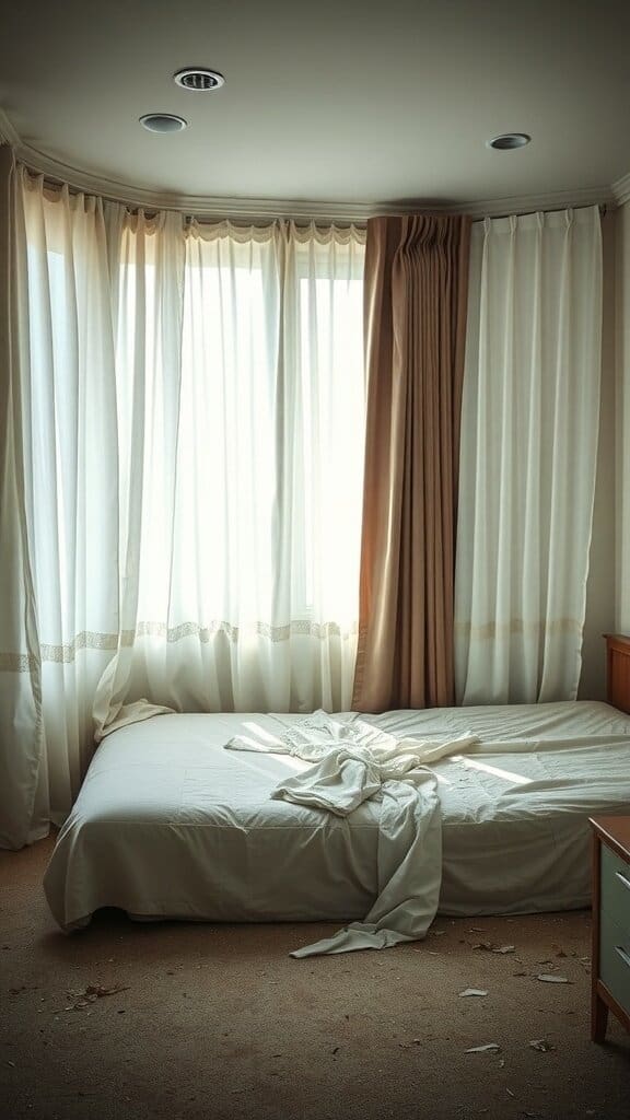 A neglected bedroom with a rumpled bed and dusty curtains, illustrating stale air in unused rooms.