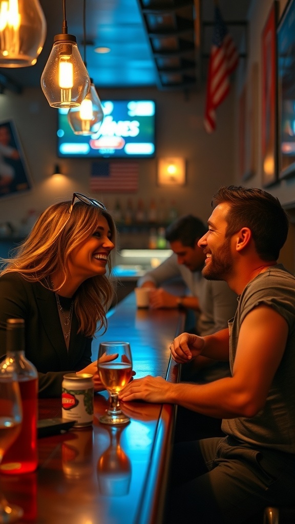 A couple enjoying flirty banter at a bar, smiling and engaged in conversation.