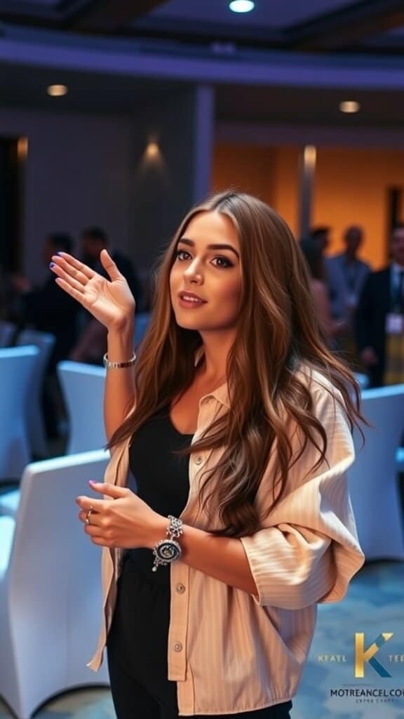 A confident woman engaging in conversation, showcasing her strong personal brand.