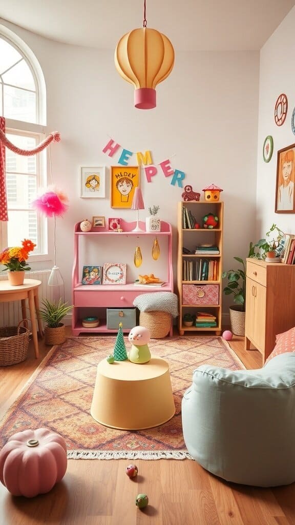A colorful and whimsical living room with playful decor elements like a hot air balloon light, bright furniture, and cheerful decorations.