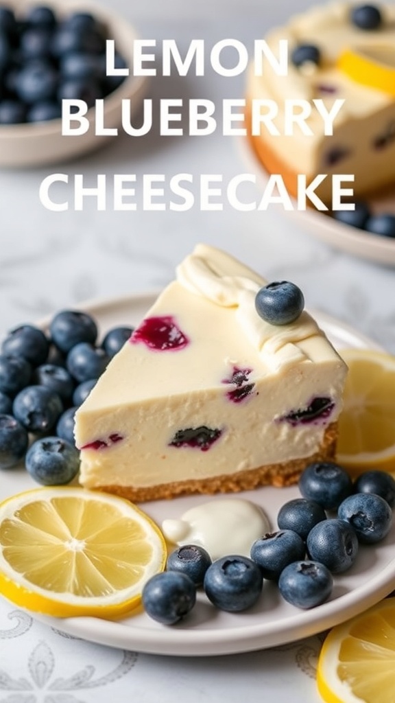 A slice of lemon blueberry cheesecake with blueberries and lemon slices around it.