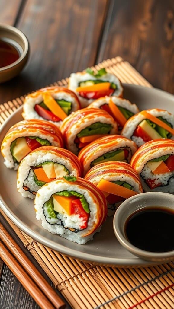 Colorful rainbow veggie sushi rolls on a plate with soy sauce