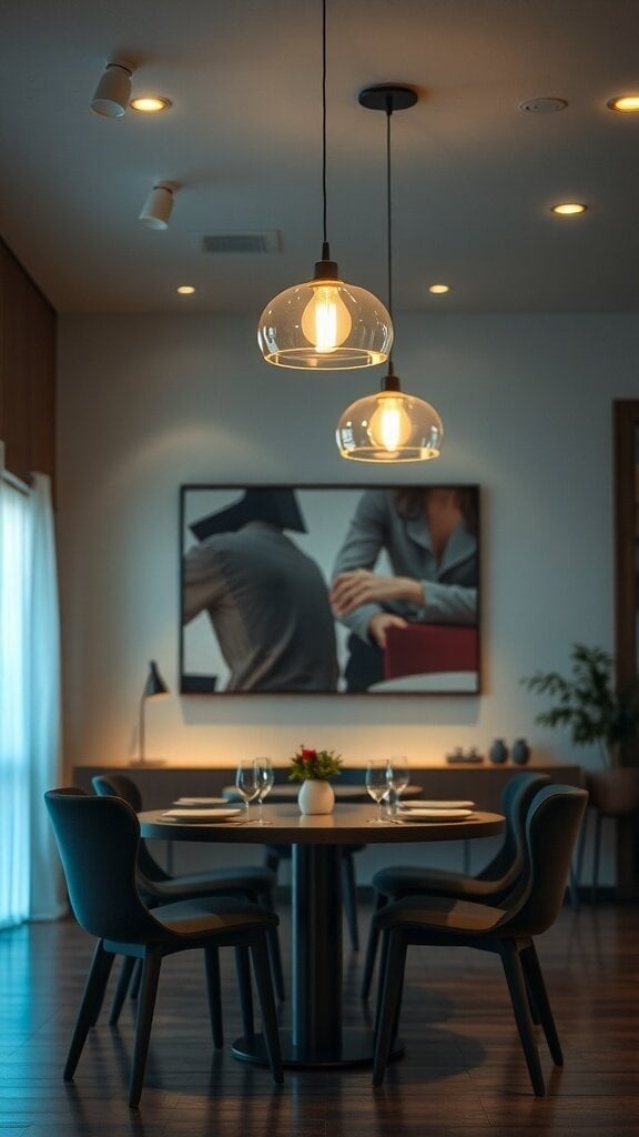 A modern dining area featuring stylish pendant lights above a round table, creating a cozy atmosphere.
