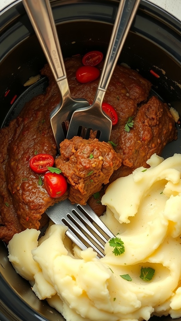 A close-up of a slow-cooked meatloaf with mashed potatoes, showing forks ready to serve.