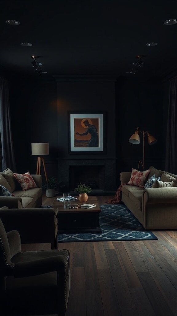 A dimly lit living room with dark walls and furniture, showcasing a cozy yet heavy atmosphere.