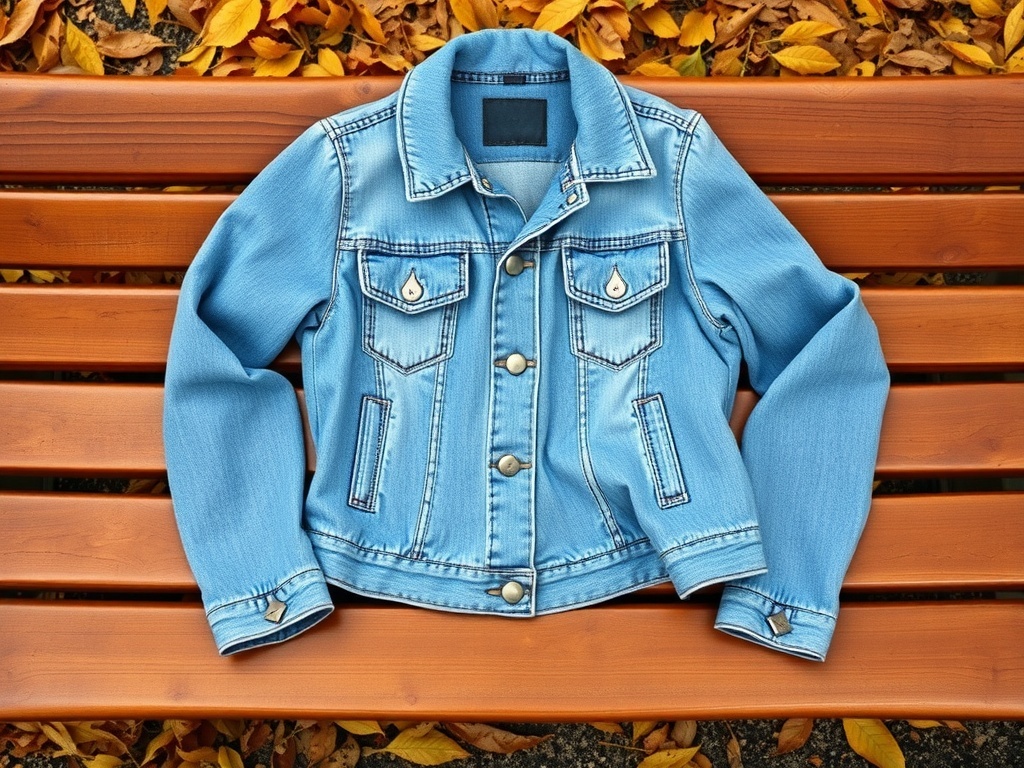 A light blue classic denim jacket on a wooden bench with autumn leaves.