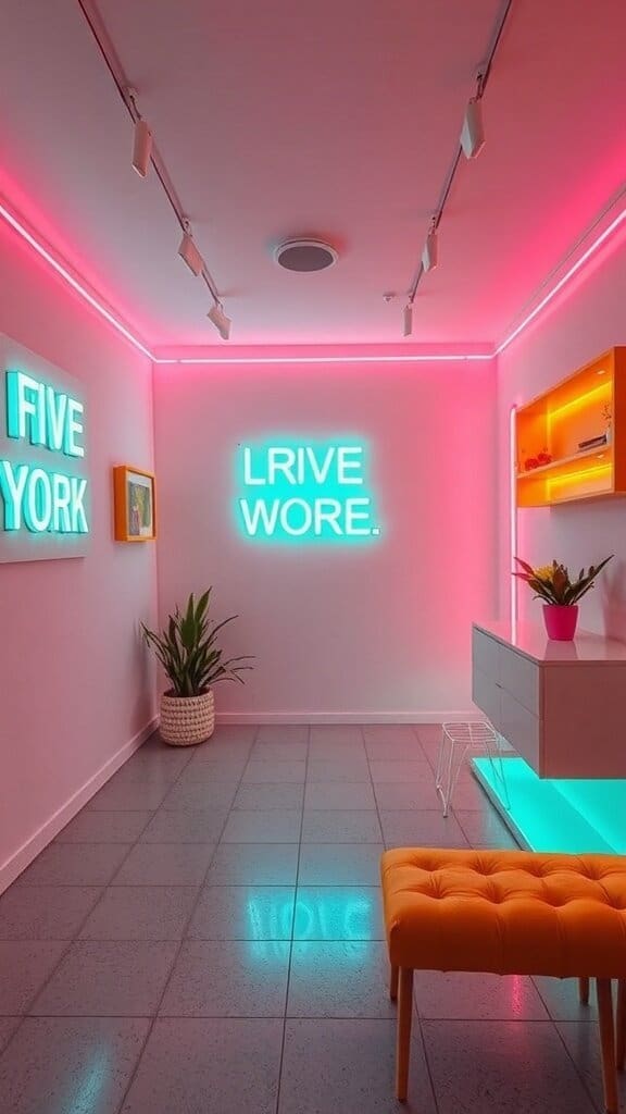 A room with bright neon accents, featuring colorful lights and signs.