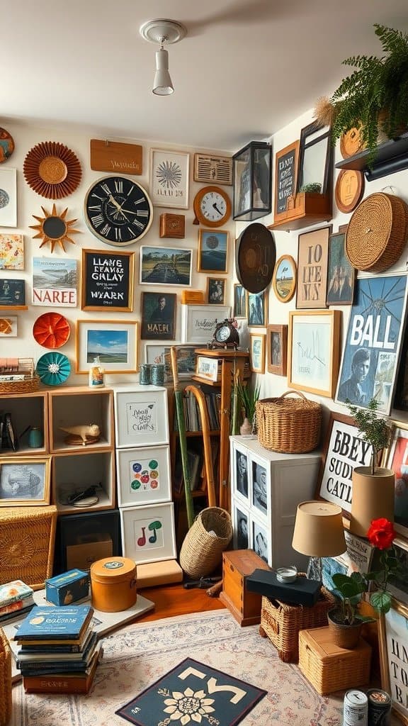 A cozy room filled with various unique accessories, including wall art, clocks, and decorative items, showcasing a personalized home decor style.