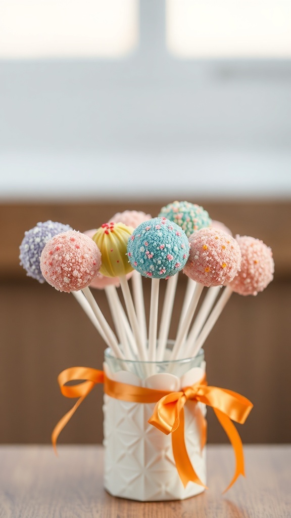Colorful sponge cake pops in a decorative jar with an orange ribbon.