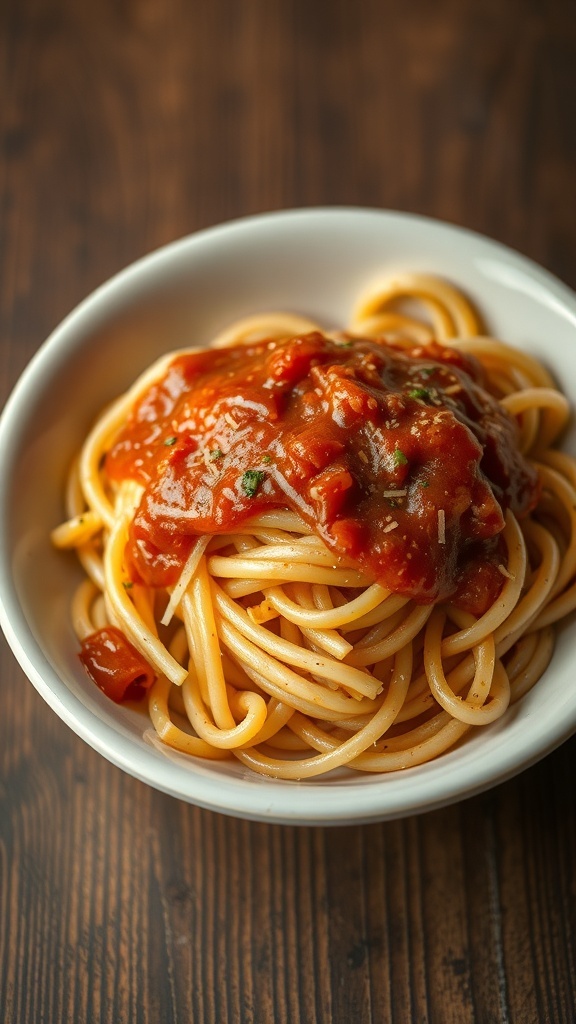 A bowl of spaghetti topped with marinara sauce