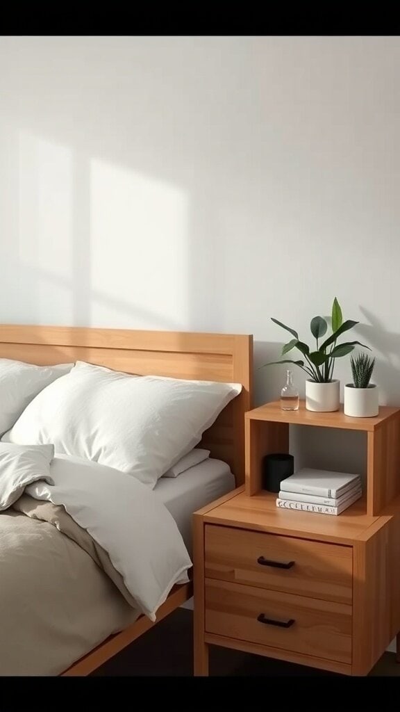 A cozy bedroom with a wooden nightstand featuring two drawers and an open shelf, decorated with plants.