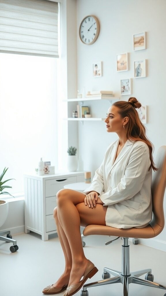 A woman sitting in a skincare consultation room, waiting for her appointment.