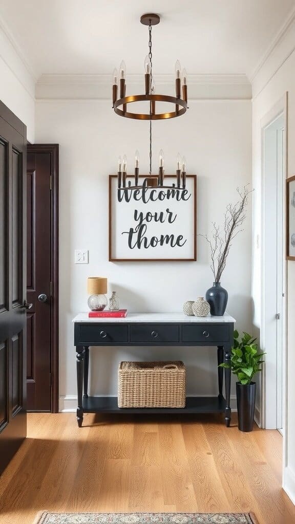A welcoming entryway featuring a console table, decorative items, and a chandelier.