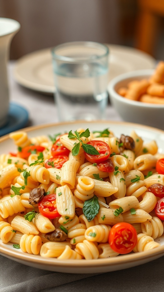 A bowl of pasta salad with rotini, cherry tomatoes, olives, and mozzarella, garnished with herbs.