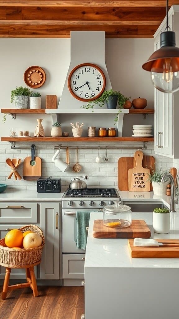 A cozy kitchen with wooden shelves, plants, and a clock, showcasing personalized decor.