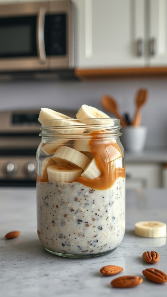 A jar of overnight oats topped with banana slices and almond butter, set on a kitchen counter.