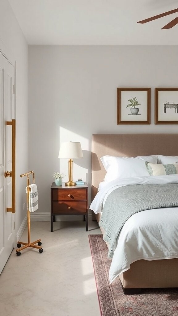 A stylish bedroom featuring a golden grab bar, a bedside table with a lamp, and soft bedding.