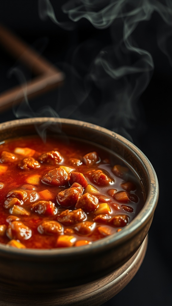 A steaming bowl of chili with beans and spices