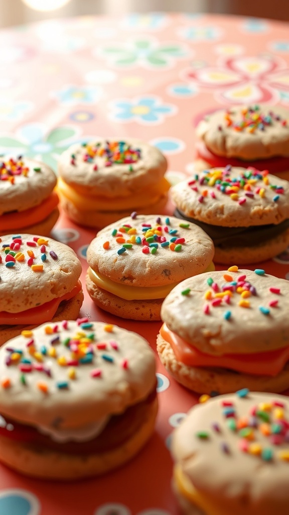 A variety of colorful cookie sandwiches with sprinkles on a floral tablecloth.